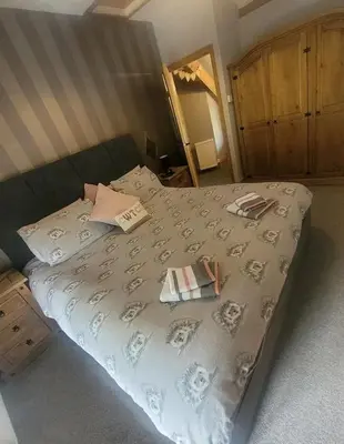a bedroom with a bed with pillows on it at Cosy Minffordd Let - Llanuwchllyn near, Bala LL23 in Bala
