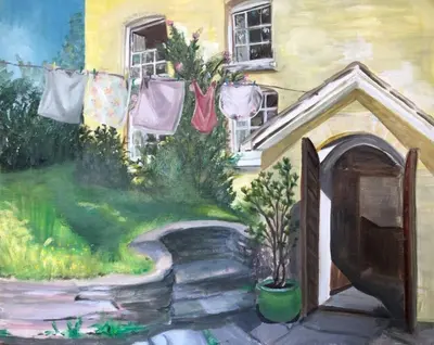 a painting of a house with clothes hanging on the clothesline at The Hillis Farmhouse - 6 Bed - Sleeps 11 - Pets in Brecon
