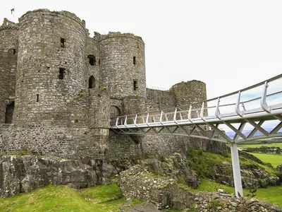 a bridge over the ruins of a castle at Garnedd Lwyd in Harlech