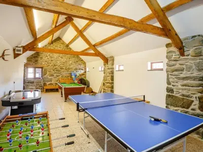 a living room with a ping pong table in a room at Ystumgwern Luxury Barn Conversions in Dyffryn