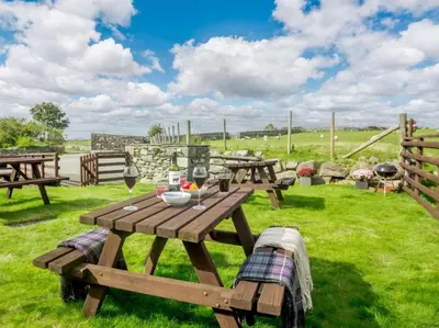 a picnic table with wine glasses on a field at Ystumgwern Luxury Barn Conversions in Dyffryn