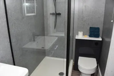 a bathroom with a shower with a toilet and a sink at Greyhound Hotel in Wales