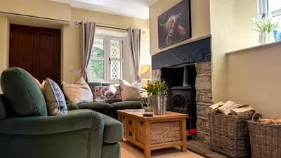 a living room with two couches and a fireplace at Bettws Hall Accommodation in Newtown
