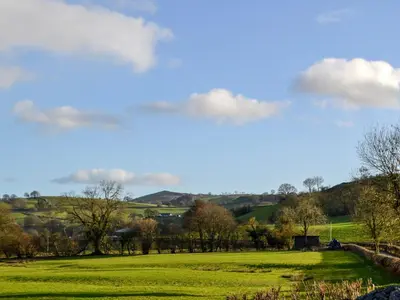 a green field with trees and hills in the background at Efyrnwy Pod Vip in Llanfyllin