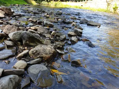 a river filled with rocks and water at Riverside Cabin - Sleeps 2 - HotTub - Parking in Oswestry