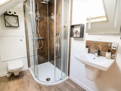 a bathroom with a shower and a sink at Caecrwn in Brecon