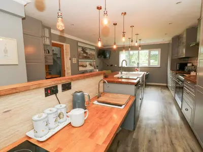 a kitchen with a wooden counter with mugs on it at Tynewydd Fields in Lampeter
