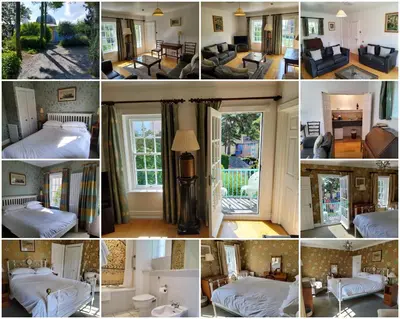 a collage of photos of a bedroom and a living room at Portmeirion Village & Castell Deudraeth in Porthmadog