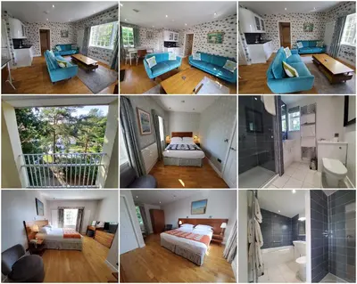 a collage of four pictures of a room at Portmeirion Village & Castell Deudraeth in Porthmadog