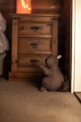 a brown teddy bear sitting on the floor next to a dresser at Stunning Log Cabin with Garden in Snowdonia - Hosted by Seren Short Stays in Trawsfynydd