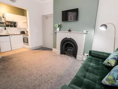 a living room with a green couch and a fireplace at Emerald Suite in Barmouth