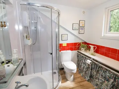 a bathroom with a shower and a toilet and a sink at The Wheelhouse at Dudgeley Mill in Church Stretton