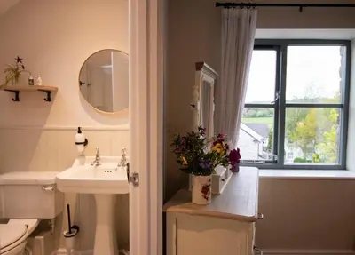a bathroom with a sink and a toilet and a window at The Old Cider House in Hay-on-Wye