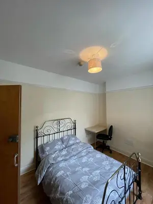 a bedroom with a bed and a desk and a ceiling at 52 Cambrian St in Aberystwyth