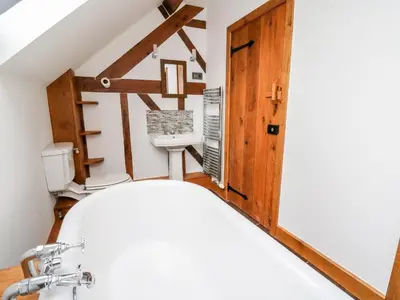 a bathroom with a toilet and a sink at Ploony Barn in Bleddfa