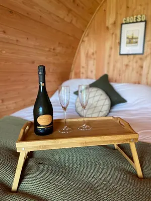 a bottle of wine and two glasses on a tray on a bed at Hillside hideaway - Hendre-Aur Pod in Machynlleth