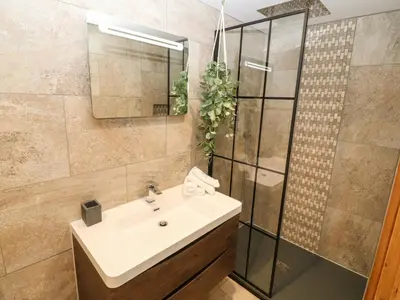 a bathroom with a sink and a shower at Bwthyn Bach Gwyn in Penrhyndeudreath