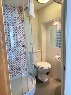 a bathroom with a toilet and a shower at The Crown Hotel in Corwen