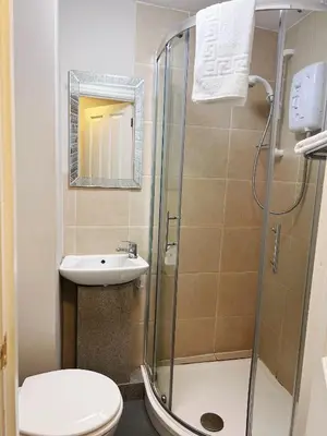 a bathroom with a shower and a toilet and a sink at The Crown Hotel in Corwen