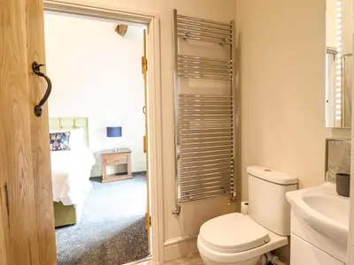 a bathroom with a toilet and a sink and a bed at Bodaioch Hall in Caersws