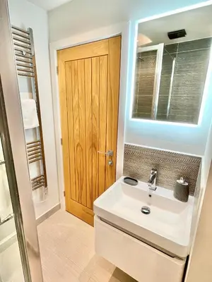 a bathroom with a sink and a wooden door at Apartment Twelve in Shrewsbury