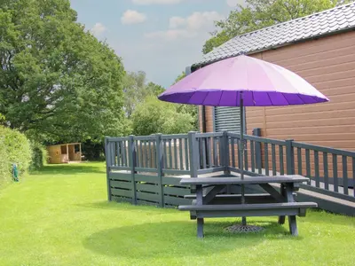 a purple umbrella and a picnic table with a bench at Jacob's Meadow Pod 2 in Shrewsbury