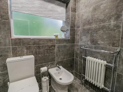 a bathroom with a toilet and a sink and a window at Cae Lleci in Dolgellau