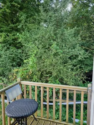 a table and a chair sitting on a deck at Glamping Hut - Sleeps 2 hot tub & parking in Welshpool