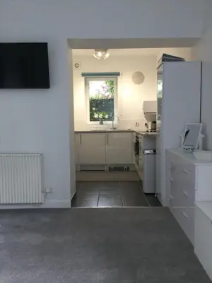 a kitchen with a sink and a window at Flat 2 Frank Lewis House in Hay-on-Wye