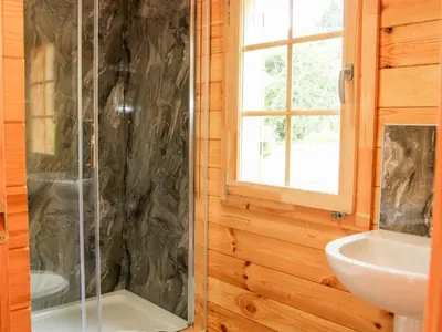 a bathroom with a shower and a sink at Callow Fold in Craven Arms