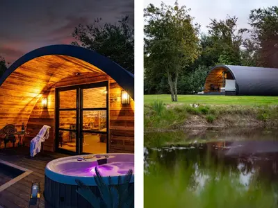 two pictures of a house and a pond at The Piglet Pod in Llanarth