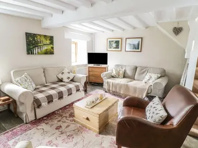 a living room with two couches and a tv at Tan Y Garth Cottage in Corwen