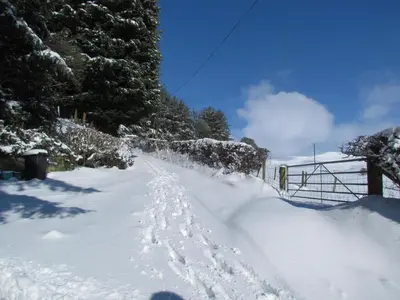 a snow covered road with footprints in the snow at Wild Valley Bunkhouse in Llanrhaeadr-ym-Mochnant