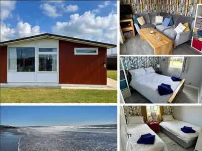 a collage of four pictures of a shed at Modern Funky Private Chalet at the Beach in Tywyn