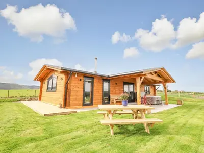 a log cabin with a picnic table in the grass at Bacheiddon Log Cabin in Machynlleth