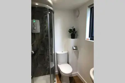 a bathroom with a toilet and a glass shower at Secluded Log Cabin in beautiful private gardens in Broxwood