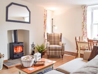 a living room with a fireplace and a chair at Uk34913 - Bwlchgraig Fach in Nantcwnlle