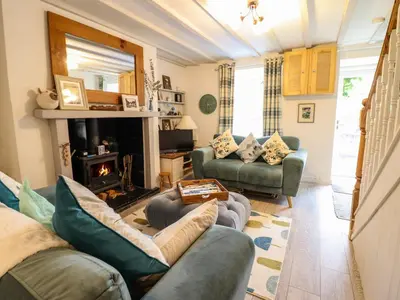 a living room with two couches and a fireplace at Cartrefle in Bala