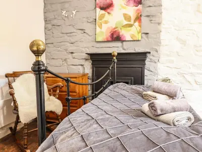 a bedroom with a bed and a fireplace at Cartrefle in Bala
