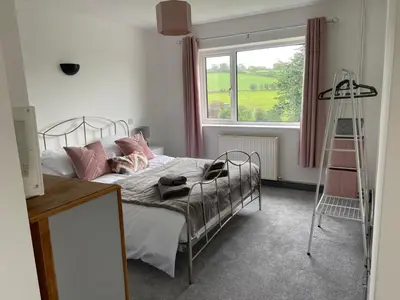 a bedroom with a bed with a ladder and a window at 4 bedroom bungalow in peaceful countryside with log burner - Talar Deg, Capel Madog in Capel Madog