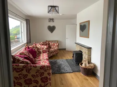 a living room with a couch and a fireplace at 4 bedroom bungalow in peaceful countryside with log burner - Talar Deg, Capel Madog in Capel Madog