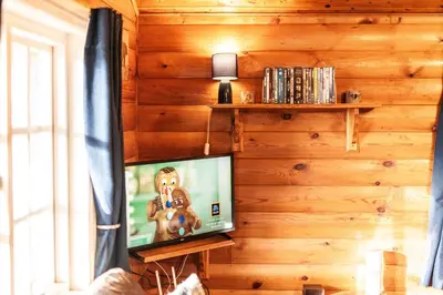 a living room with a tv in a wooden wall at 3 Bedroom Log Cabin in Snowdonia nr MTB trails in Tanygrisiau
