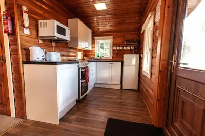 a kitchen with white appliances and wooden walls at 3 Bedroom Log Cabin in Snowdonia nr MTB trails in Tanygrisiau