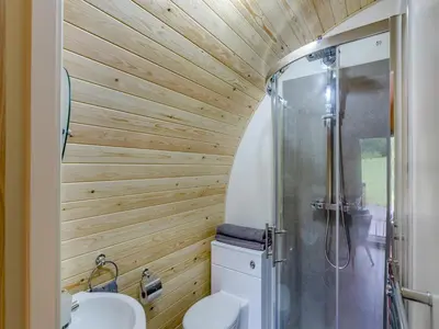 a bathroom with a toilet and a shower at Elm-Uk36259 in Llanfair Caereinion