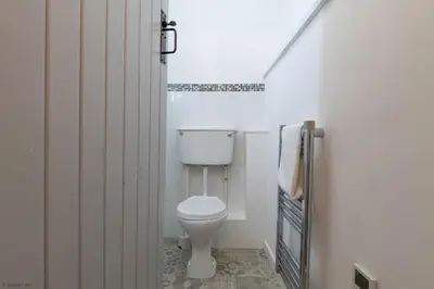 a bathroom with a white toilet in a room at Barn Retreat with Valley Views & Onsite Dog Field in Bryn-crug