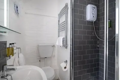 a white bathroom with a toilet and a sink at Cowshed Cottage with Log Burner & Shared Dog Field in Bryn-crug