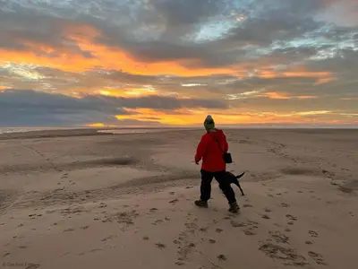 a person walking on the beach with a dog at Cozy Log Burner Cottage & On-Site Dog Field in Bryn-crug