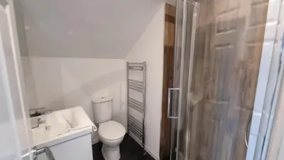 a white bathroom with a toilet and a shower at Cottage #1 in Aberystwyth