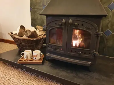 a stove with two mugs and a basket of logs at Ty Barcud in Lampeter