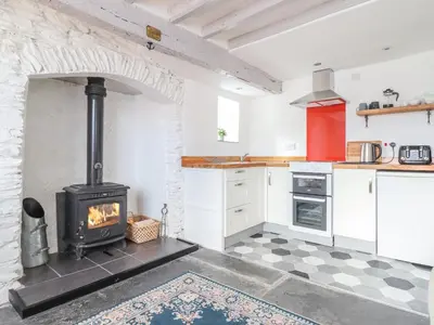 a kitchen with a stove in a room at 1 Hendom in Corwen